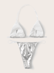 Metallic Halter Top With Thong Bikini Set