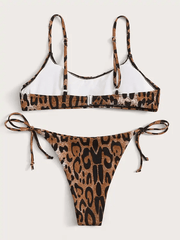 Leopard Spaghetti Strap Top With Tie Side Bikini