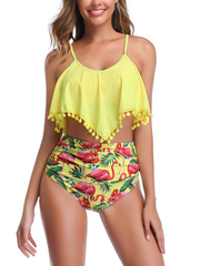 Pom-Pom Trim Hanky Top With Random Tropical Bikini
