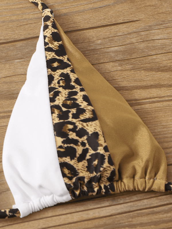 Contrast Leopard Halter Top With Tie Side Bikini Set