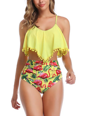 Pom-Pom Trim Hanky Top With Random Tropical Bikini