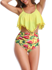 Pom-Pom Trim Hanky Top With Random Tropical Bikini